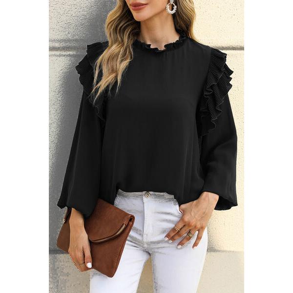 Ruffled Round Neck Long Sleeve Blouse