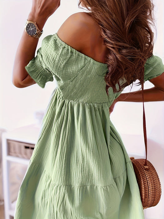 Ruched Ruffled Off-Shoulder Short Sleeve Dress