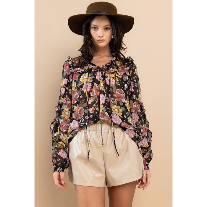 Ces Femme Ruffle Trim Long Sleeve Floral Blouse