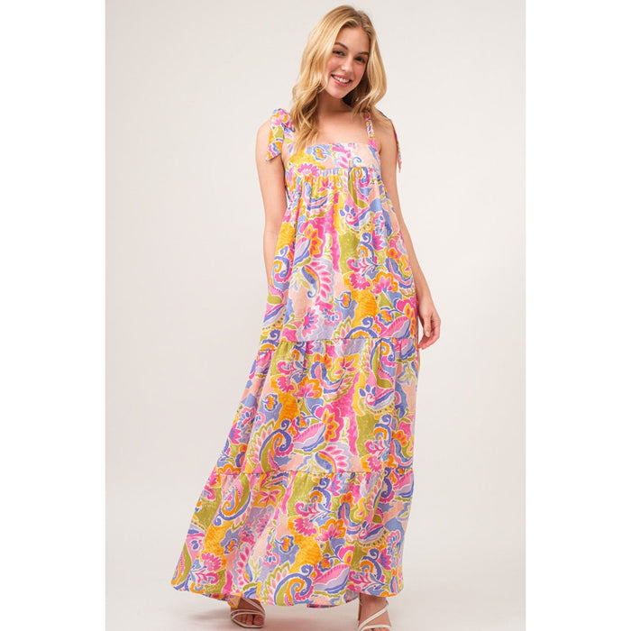 And The Why Printed Tie Shoulder Tiered Maxi Dress