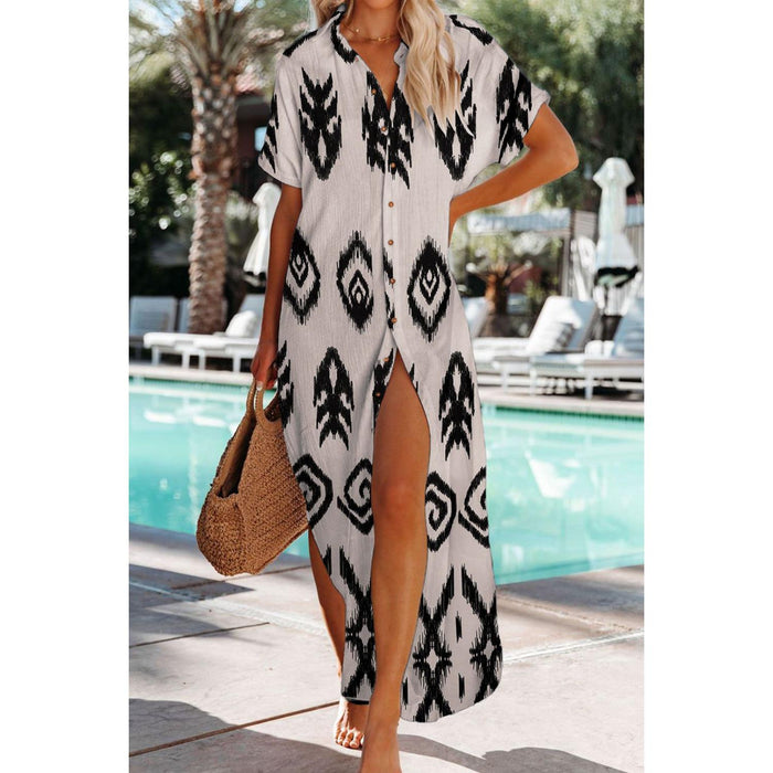 Geometric Button Up Short Sleeve Cover Up