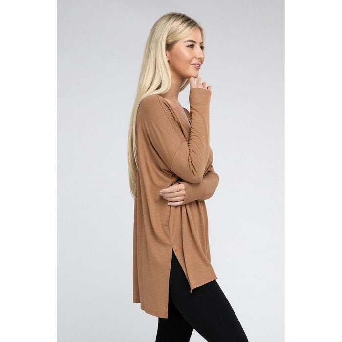 Dolman Long Sleeve V-Neck Side Slit Hi-Low Hem Top