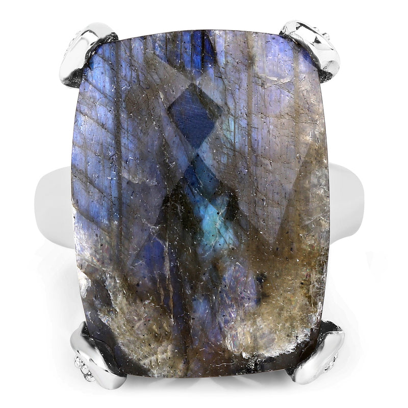Bids.com 17.17 Carat Genuine Labradorite and White Topaz .925 Sterling Silver Ring Rings