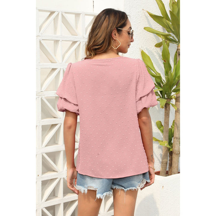 Swiss Dot V-Neck Short Sleeve Blouse