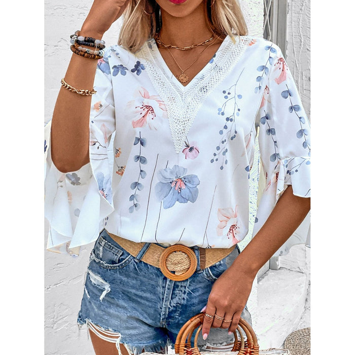 Ruffled Printed V-Neck Half Sleeve Blouse