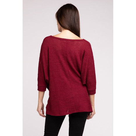 3/4 Sleeve V-Neck Hi-Low Hem Jacquard Sweater