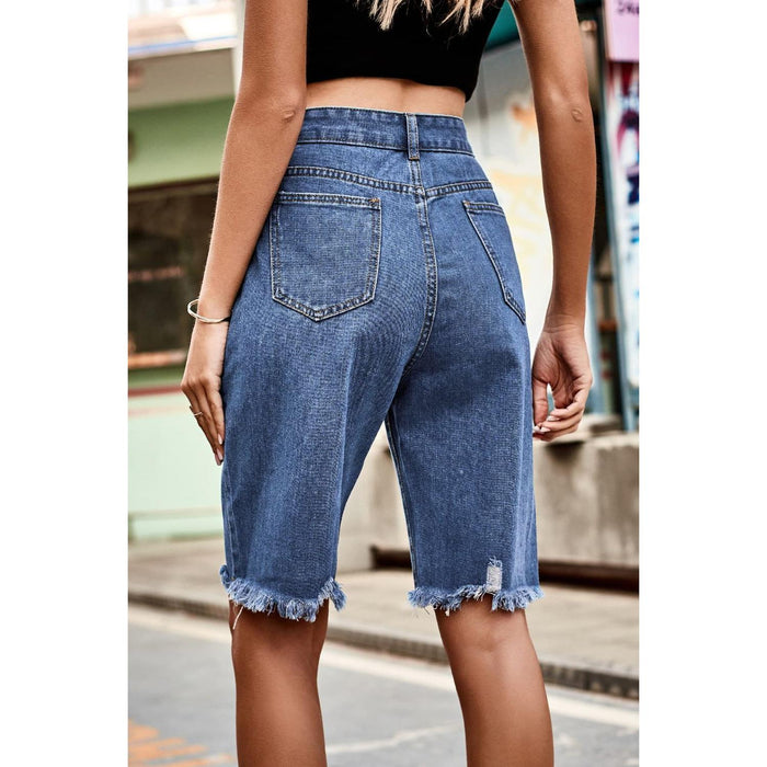 Raw Hem High Waist Denim Shorts with Pockets