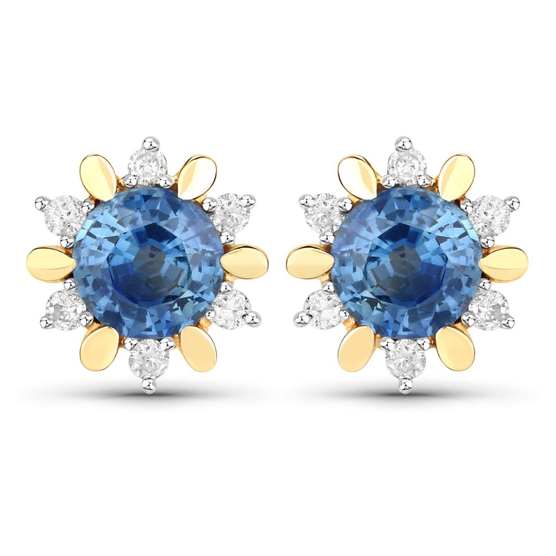 Bids.com 1.87 Carat Genuine Blue Sapphire and White Diamond 14K Yellow Gold Earrings Earrings