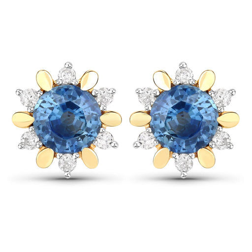Bids.com 1.87 Carat Genuine Blue Sapphire and White Diamond 14K Yellow Gold Earrings Earrings