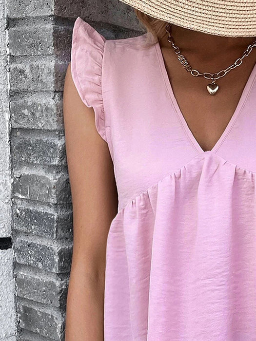 Ruffled V-Neck Cap Sleeve Blouse