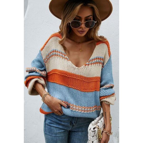 Color Block V-Neck Dropped Shoulder Sweater