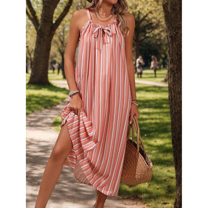 Striped Tie Neck Midi Cami Dress