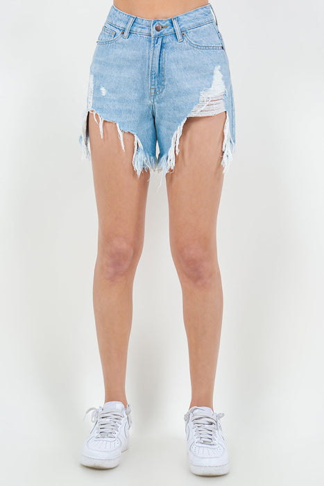 High Waist Fringed Hem Distressed Denim Shorts in Light Blue Wash