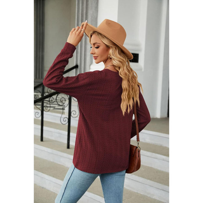 Decorative Button V-Neck Long Sleeve T-Shirt