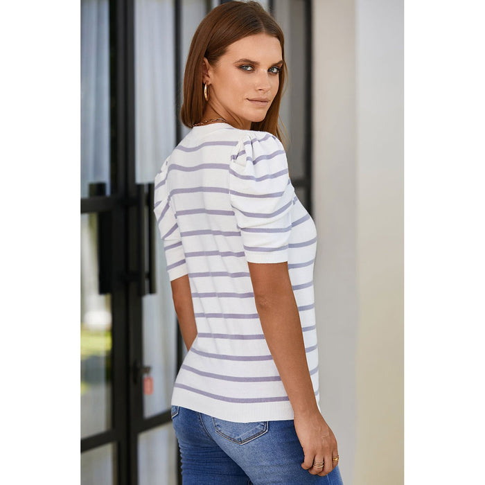 Striped Round Neck Puff Sleeve Knit Top