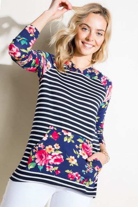 PLUS STRIPE FLORAL MIX HOODIE TOP