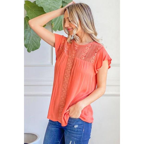 And The Why Lace Detail Ruffle Short Sleeve Blouse