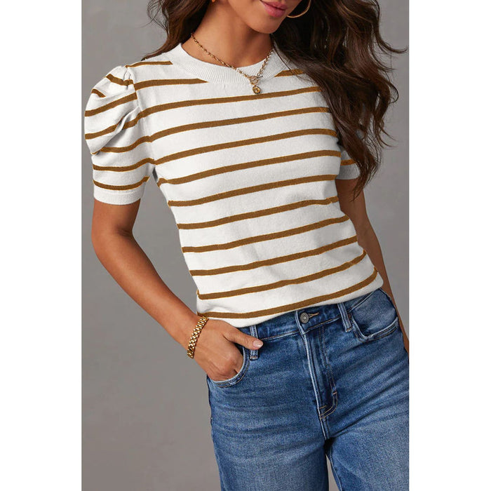 Striped Round Neck Puff Sleeve Knit Top