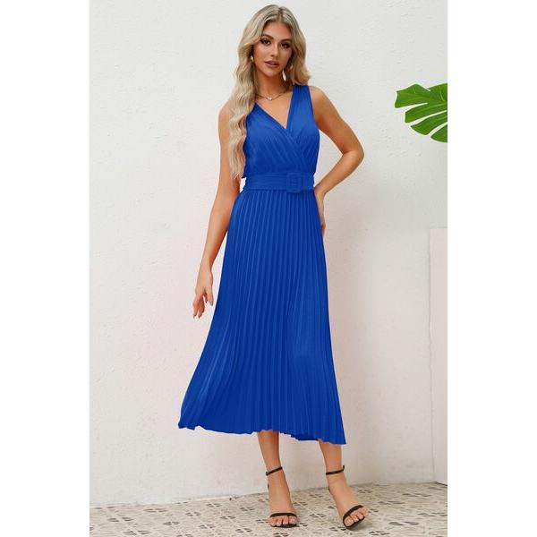 Surplice Sleeveless Midi Pleated Dress