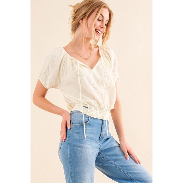 And The Why Cotton Gauze Back Waist Tie Cropped Blouse