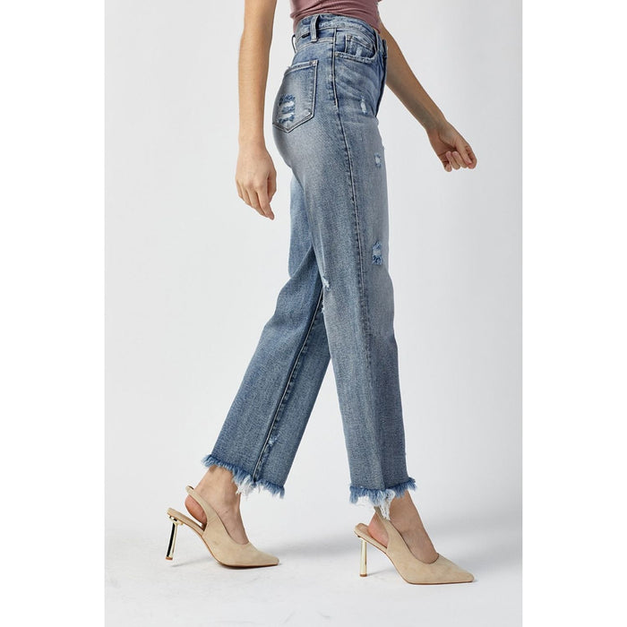 RISEN High Waist Raw Hem Straight Jeans