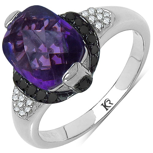 Bids.com 3.71 Carat Genuine Amethyst, Black Diamond & White Diamond .925 Sterling Silver Ring Rings