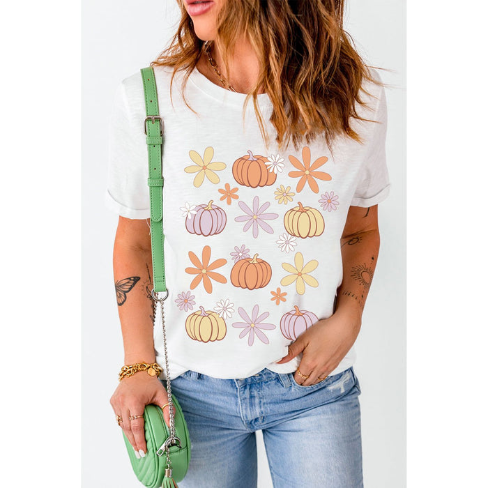 Pumpkin & Flower Round Neck Short Sleeve T-Shirt