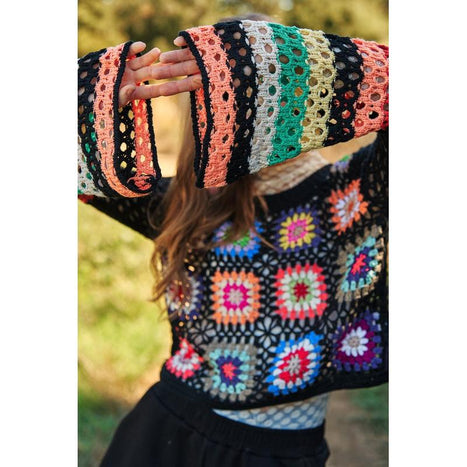 Floral Crochet Striped Sleeve Cropped Knit Sweater