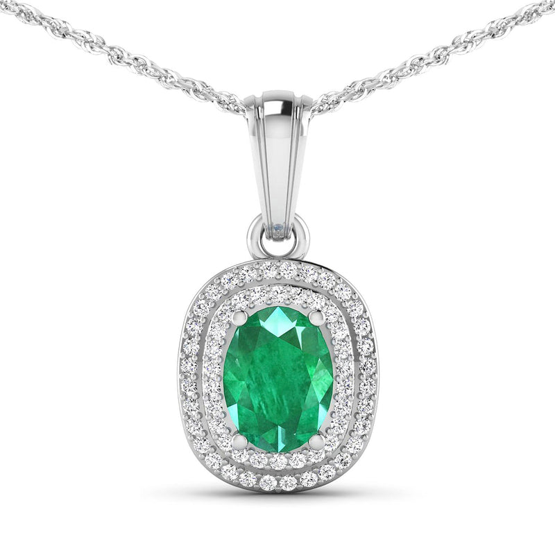 Bids.com 1.50 Carat Genuine Zambian Emerald and White Diamond 14K White Gold Pendant Pendants