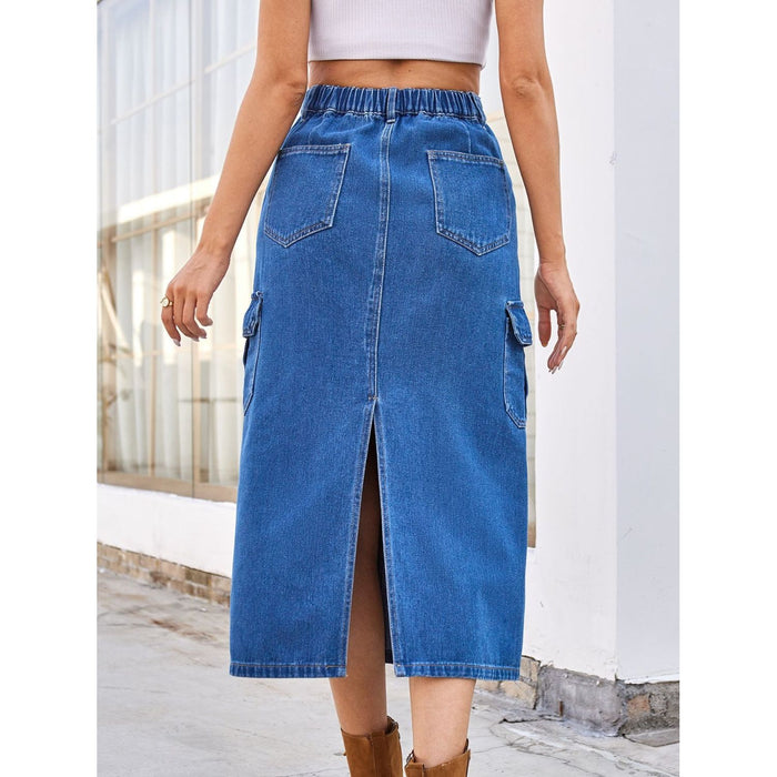 Slit Midi Denim Skirt with Pockets