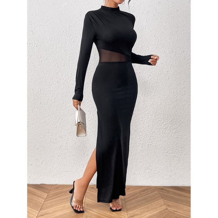 Slit Mock Neck Long Sleeve Maxi Dress