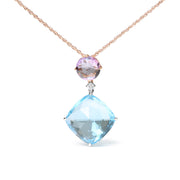 Bids.com 18K White and Rose Gold Round Diamond Accent and Round Rose De France Pink Amethyst and Cushion Cut Sky Blue Topaz Dangle Drop 18" Pendant Necklace (G-H Color, SI1-SI2 Clarity) Necklaces