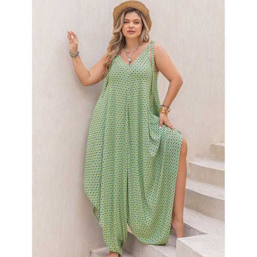 Plus Size Printed V-Neck Wide Leg Jumpsuit