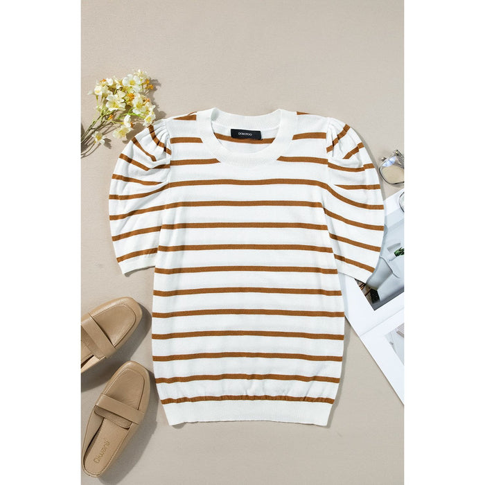 Striped Round Neck Puff Sleeve Knit Top