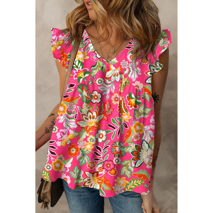 Ruffled Printed Surplice Cap Sleeve Blouse