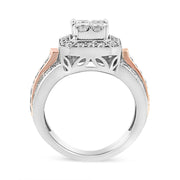 Bids.com 14K White and Rose Gold 1 1/8 Cttw Princess and Round-Cut Diamond Art Deco Style Triple Shank Halo Cocktail Ring (I-J Color, SI2-I1 Clarity) - Size 7 Rings