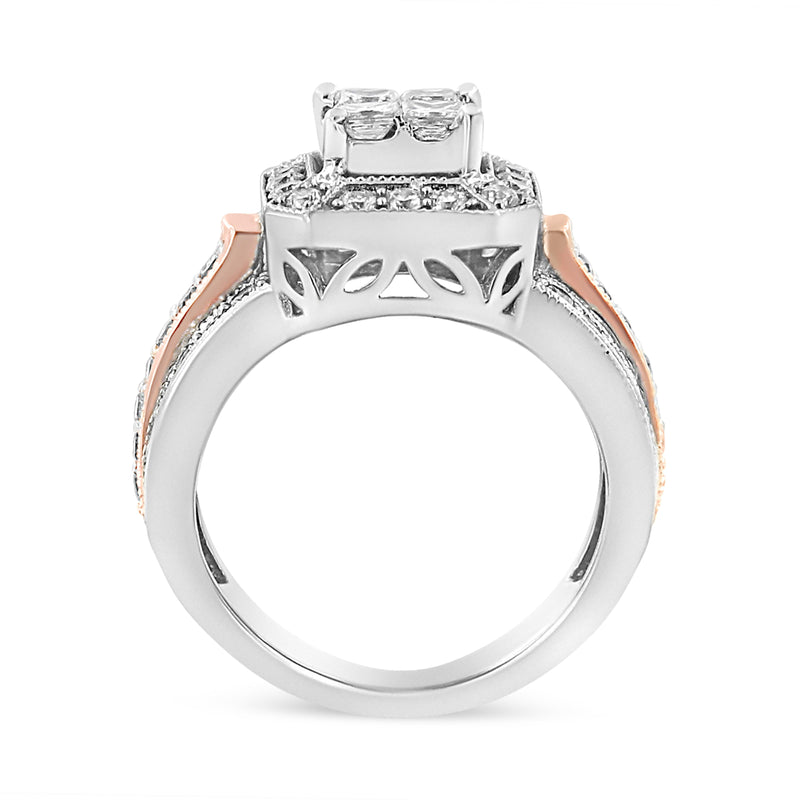 Bids.com 14K White and Rose Gold 1 1/8 Cttw Princess and Round-Cut Diamond Art Deco Style Triple Shank Halo Cocktail Ring (I-J Color, SI2-I1 Clarity) - Size 7 Rings