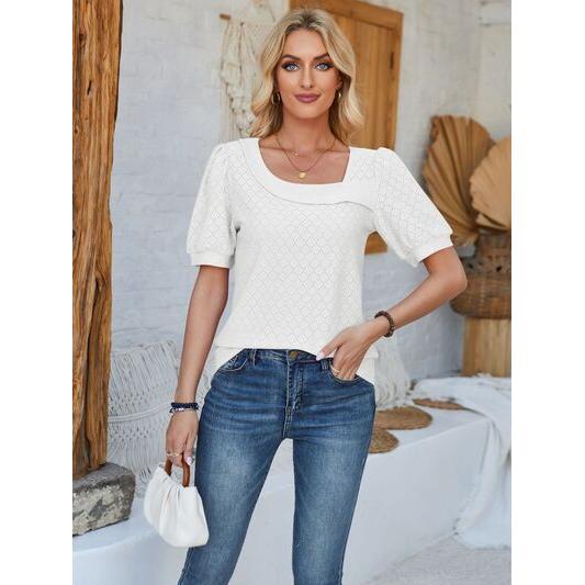 Eyelet Asymmetrical Neck Short Sleeve T-Shirt