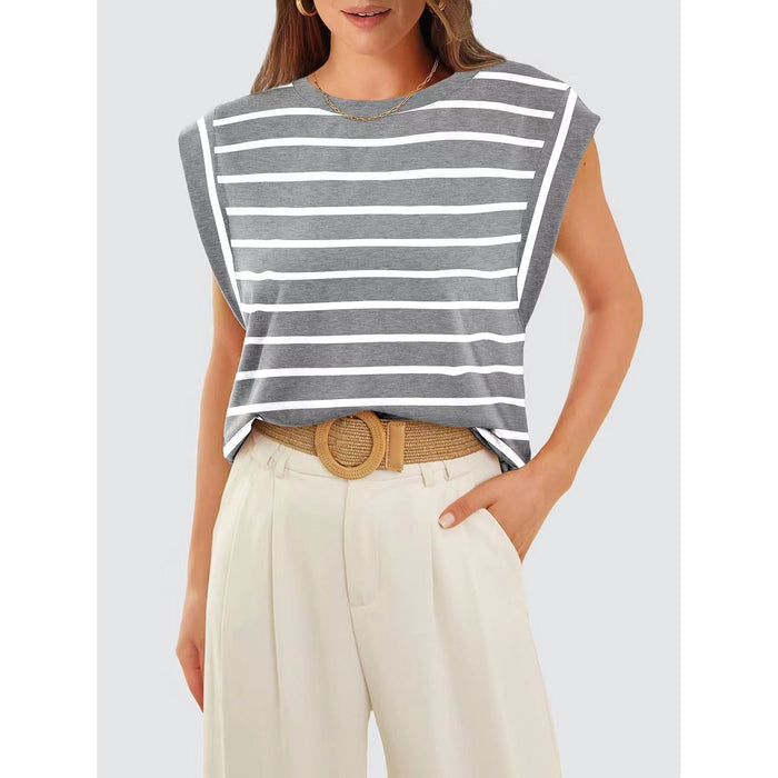 Striped Round Neck Cap Sleeve T-Shirt