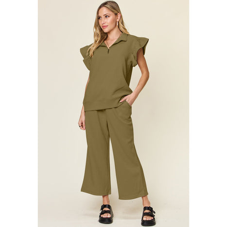 Texture Ruffle Short Sleeve Top and Drawstring Wide Leg Pants Set