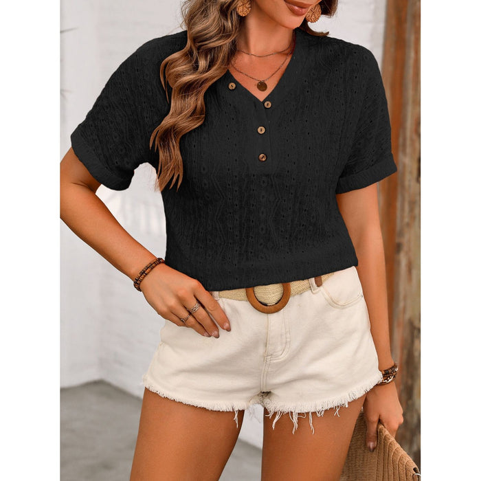 Eyelet V-Neck Short Sleeve Top