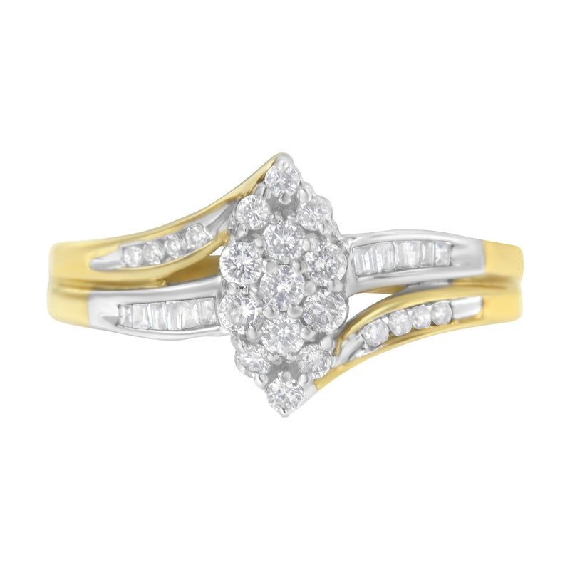Bids.com 10K Yellow and White Gold 1/2 Cttw Diamond Marquise Shaped Cluster Split Shank Ring (H-I Color, SI2-I1 Clarity) - Size 7 Rings