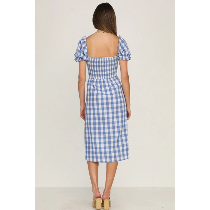 Full Size Slit Plaid Short Sleeve Midi Dress