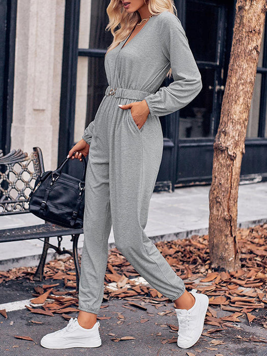 Long Sleeves Belted Elasticity V-Neck Jumpsuits by migunica