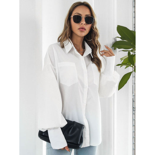 Button Up Dropped Shoulder Lantern Sleeve Shirt