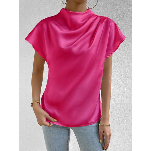 Ruched Mock Neck Short Sleeve Blouse