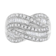 Bids.com .925 Sterling Silver 1.0 Cttw Channel Set Alternating Round and Baguette Diamond Cross-over Bypass Ring Band (I-J Color, I2-I3 Clarity) - Size 7 Rings