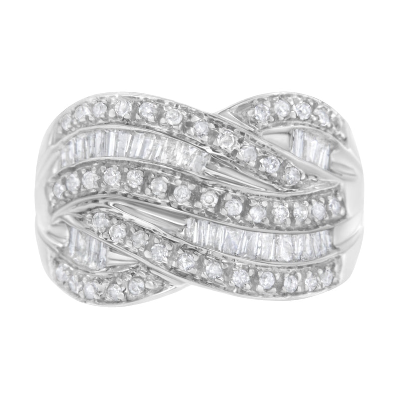 Bids.com .925 Sterling Silver 1.0 Cttw Channel Set Alternating Round and Baguette Diamond Cross-over Bypass Ring Band (I-J Color, I2-I3 Clarity) - Size 7 Rings
