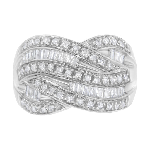 Bids.com .925 Sterling Silver 1.0 Cttw Channel Set Alternating Round and Baguette Diamond Cross-over Bypass Ring Band (I-J Color, I2-I3 Clarity) - Size 7 Rings