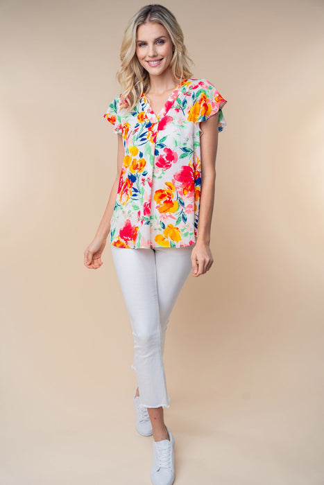 White Birch Short Sleeve Floral Woven Top